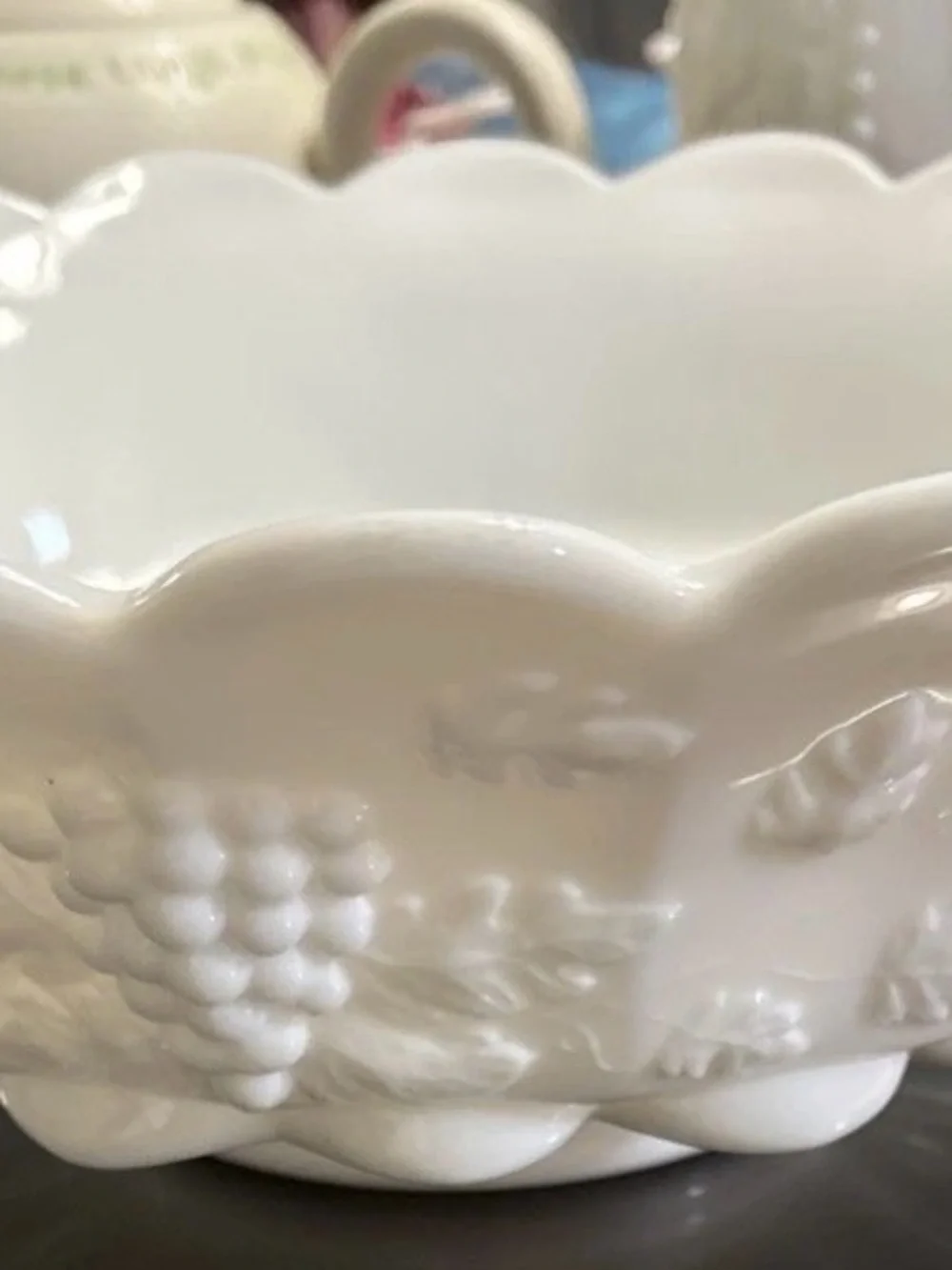 Westmoreland Milk Glass Embossed Grape Pattern With Scalloped Rim VTG 12” Bowl